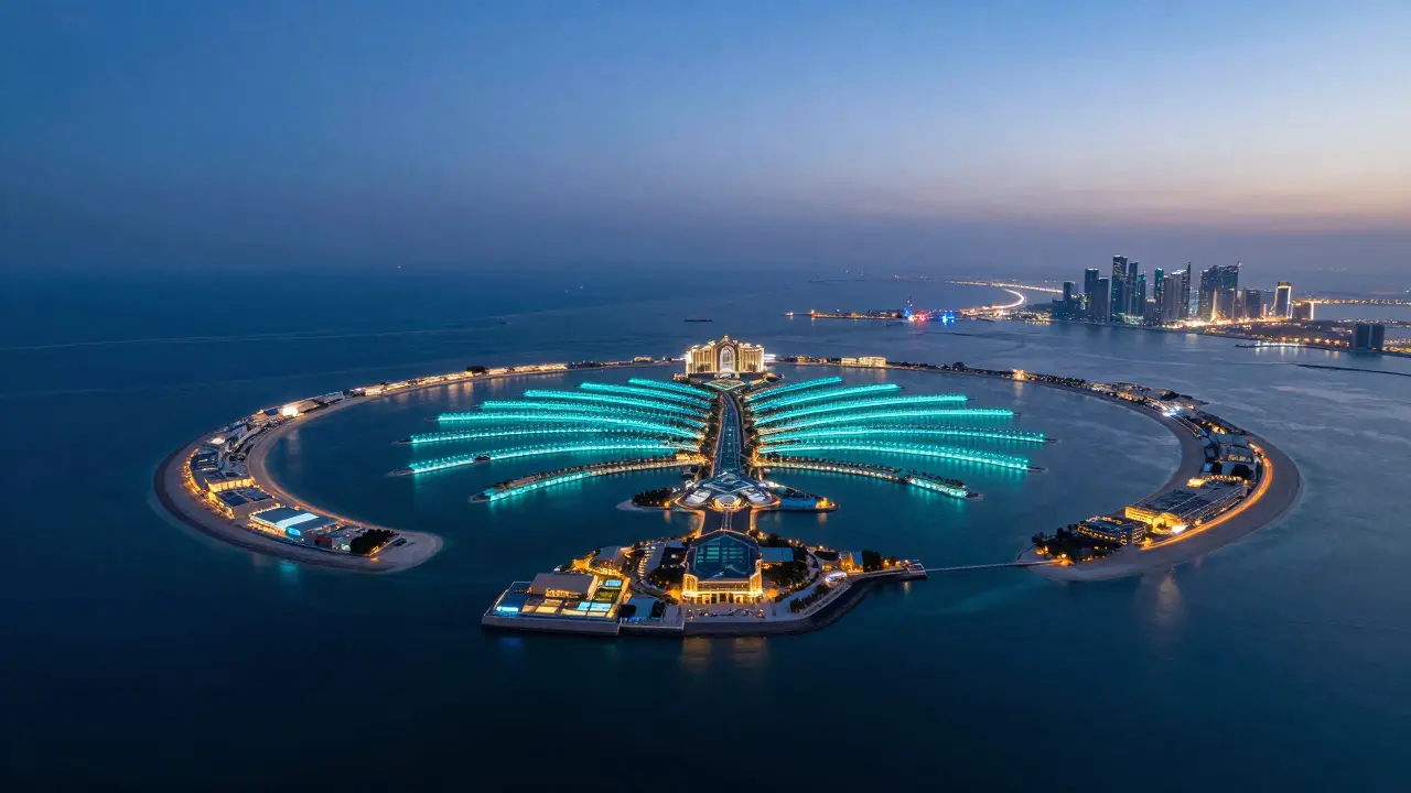 Drone view of Palm Jumeirah at twilight, Atlantis glowing with underwater lights and Dubai skyline in distance.