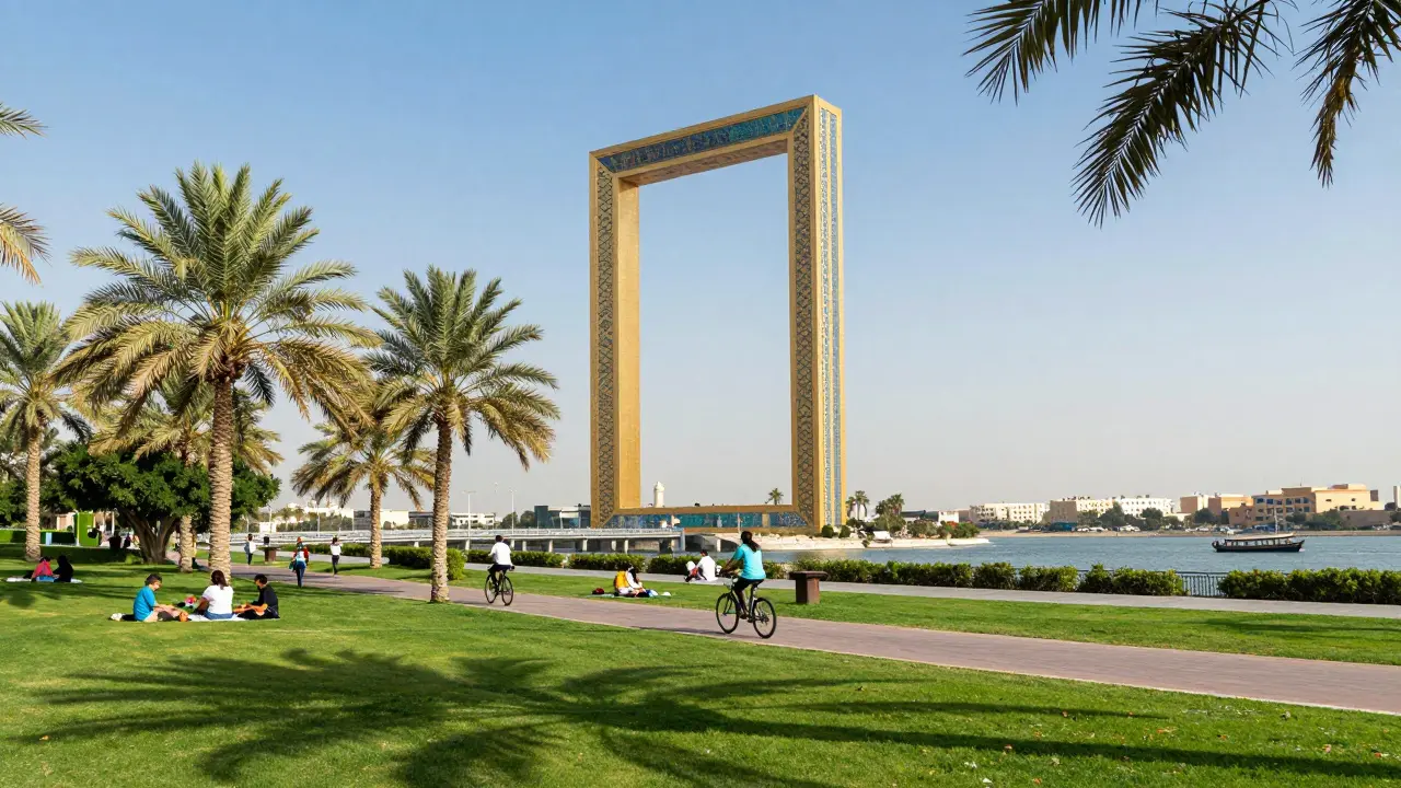 Dubai Frame in Zabeel Park, surrounded by trees, families, and cyclists, symbolizing the city's past and future.