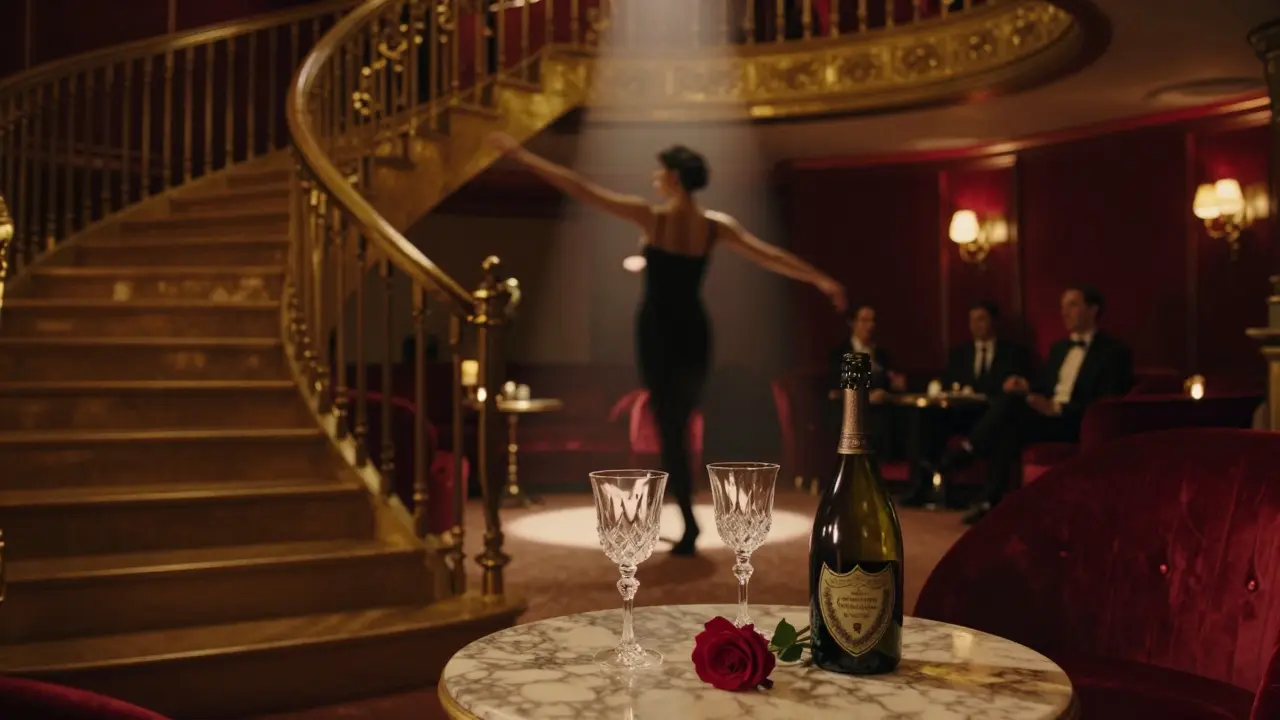 Elegant interior of Cavalli Club with gold staircases, ambient lighting, and a lone dancer under a spotlight.