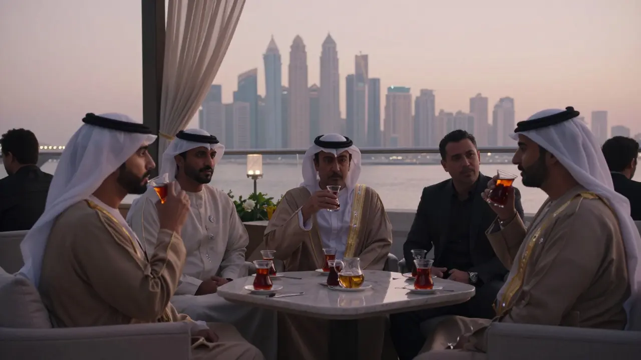 Elite guests sip tea on a rooftop lounge at dawn, overlooking Dubai Marina's serene skyline.