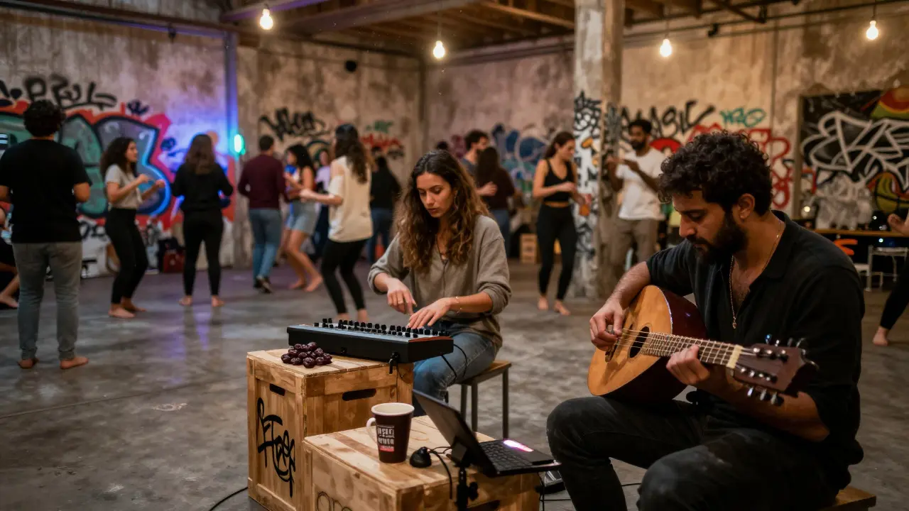 Experimental music performance in Alserkal warehouse, oud and techno producer jamming with diverse crowd.