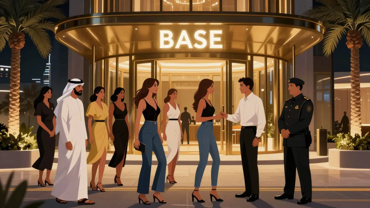 Guests arriving at BASE Dubai dressed stylishly, welcomed by a bouncer at night.