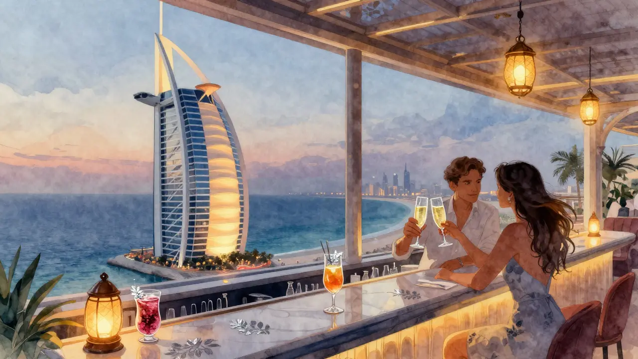 Luxury bar atop Burj Al Arab with golden sail silhouette and couples enjoying champagne at twilight.