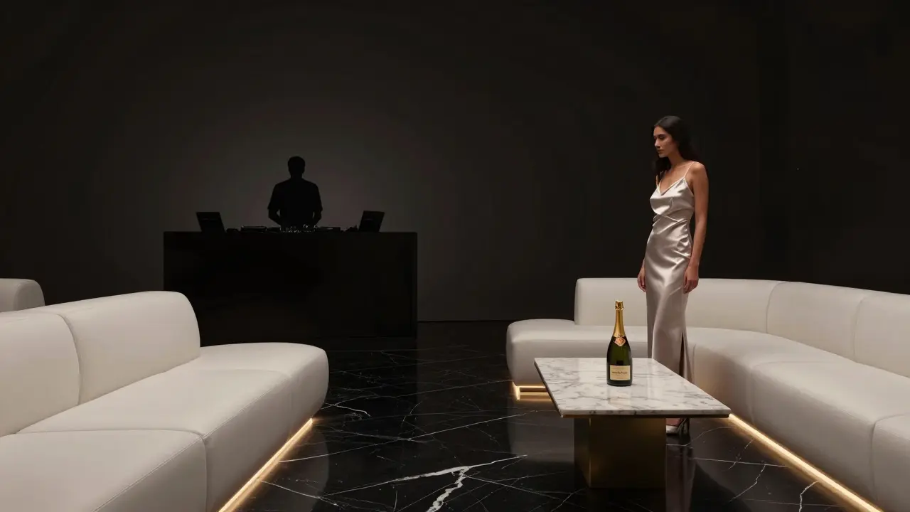Minimalist high-end club with glowing LED strips, silent ambiance, and premium champagne on marble tables.
