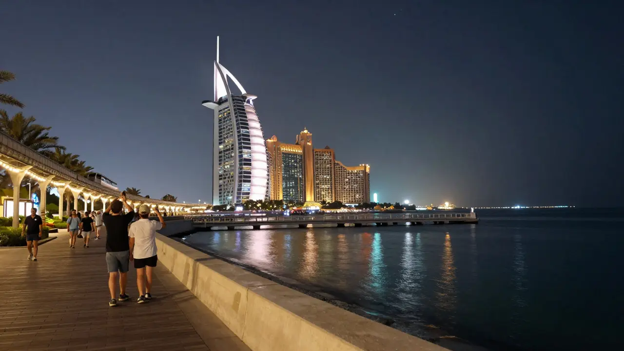 Nighttime boardwalk on Palm Jumeirah with lights, visitors, and Atlantis hotel illuminated against the sea.