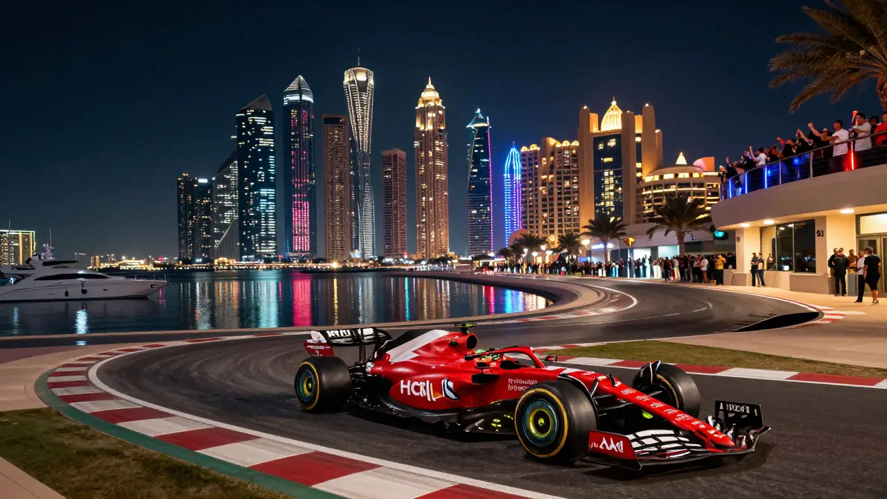 Nighttime Formula 1 race along Dubai Marina with glowing skyscrapers and reflected lights on water.