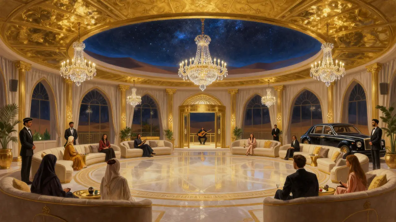 Opulent Arabian palace-style club with gold ceilings, chandeliers, and a starry LED sky above dancers.