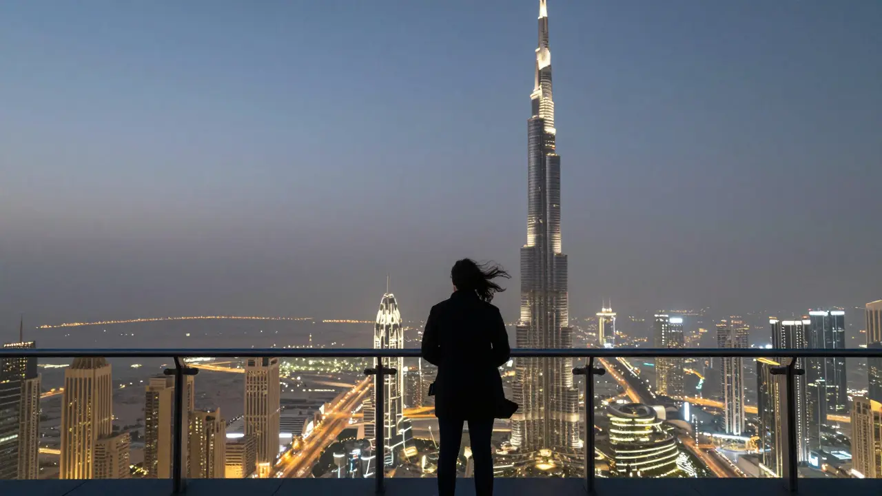 Person on Burj Khalifa's highest observation deck at twilight, city lights below