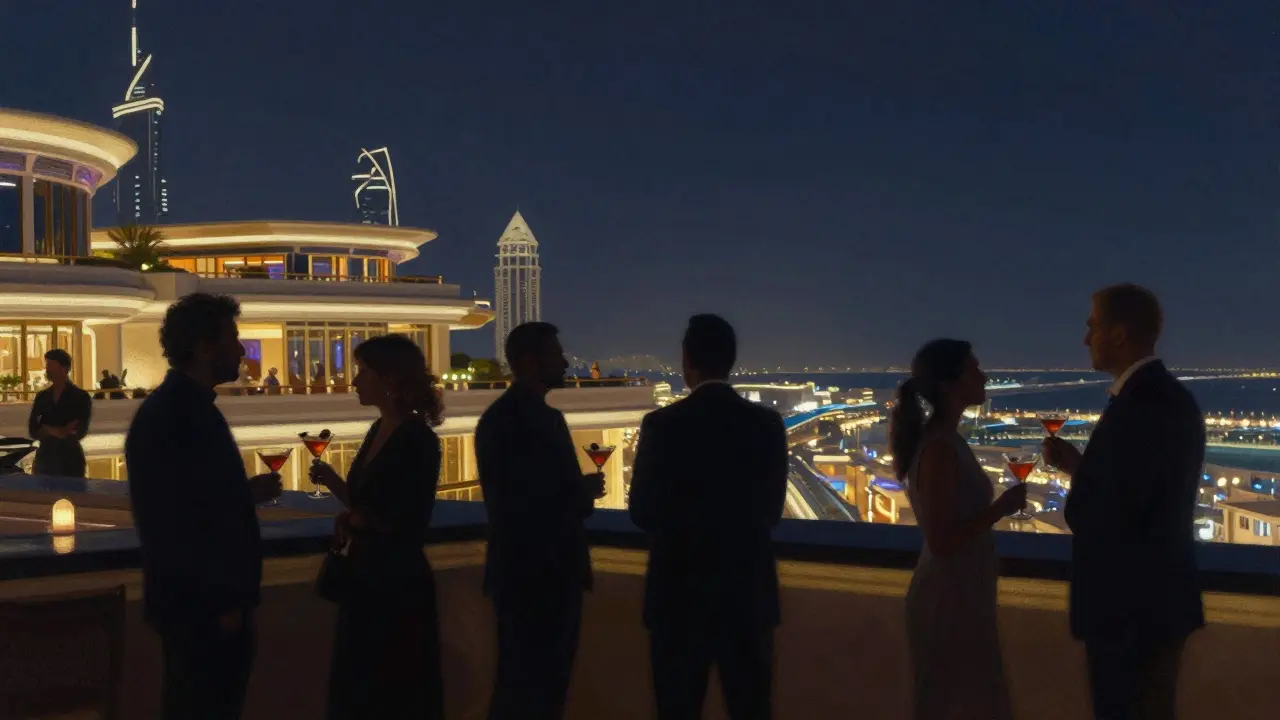 Rooftop terrace at Billionaire Dubai with elite guests silhouetted against Dubai's glittering skyline.
