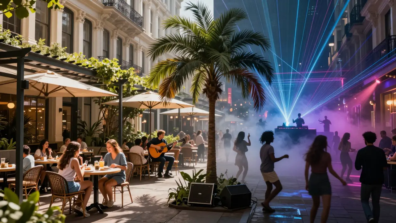 Split scene showing Soho Garden's peaceful daytime café transitioning into a vibrant nighttime nightclub.