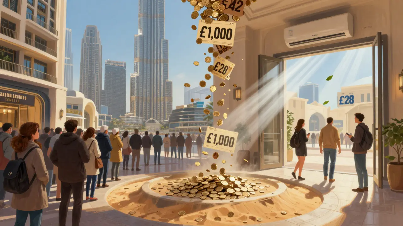 Split-screen: crowded Dubai in December vs. quiet, discounted May experience with price savings visualized as falling coins.