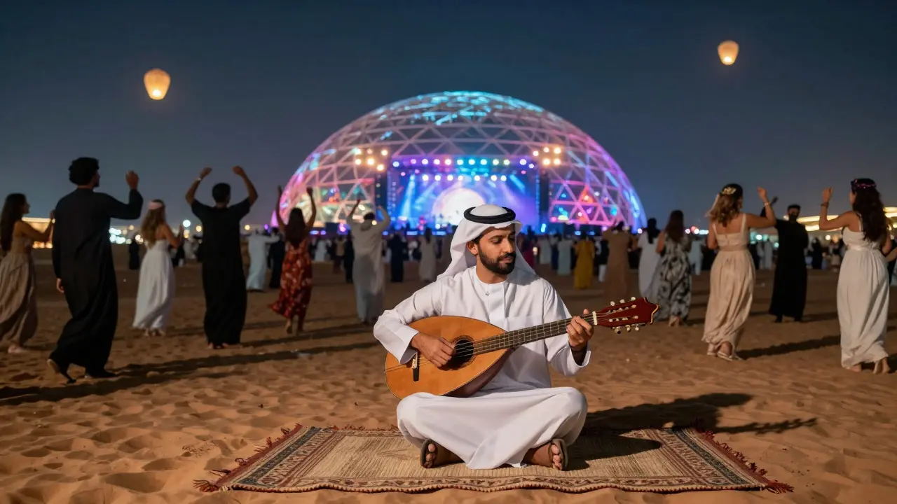 Traditional oud player under desert stars with holographic concert projection on Al Wasl Dome.