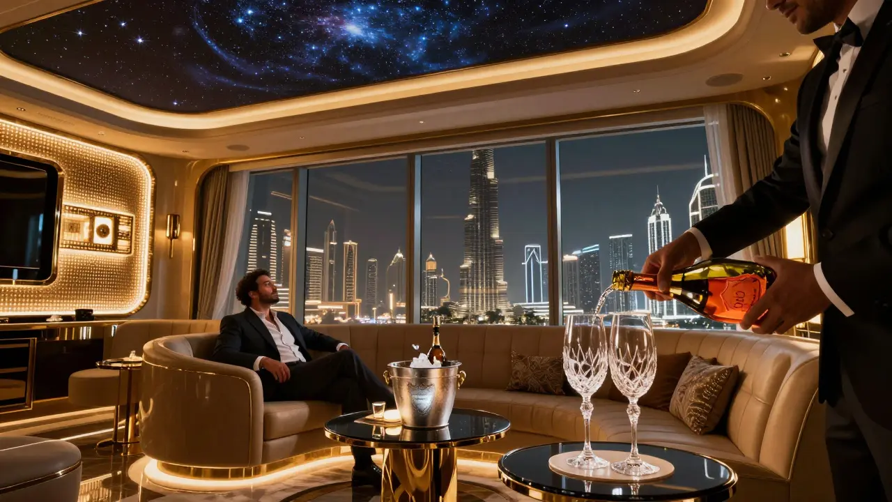 VIP Throne Room inside Billionaire Dubai with butler pouring champagne and skyline view through windows.