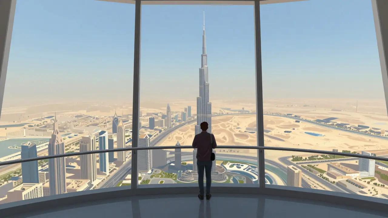 Visitor standing on the 148th floor observation deck, looking out over Dubai's vast cityscape.