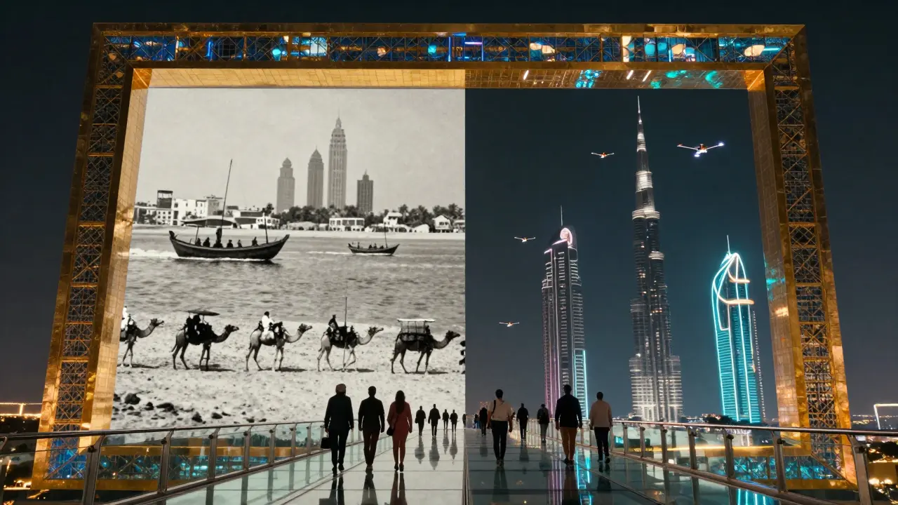 Visitors on the glass bridge of Dubai Frame, seeing holograms of old Dubai on one side and futuristic towers on the other.