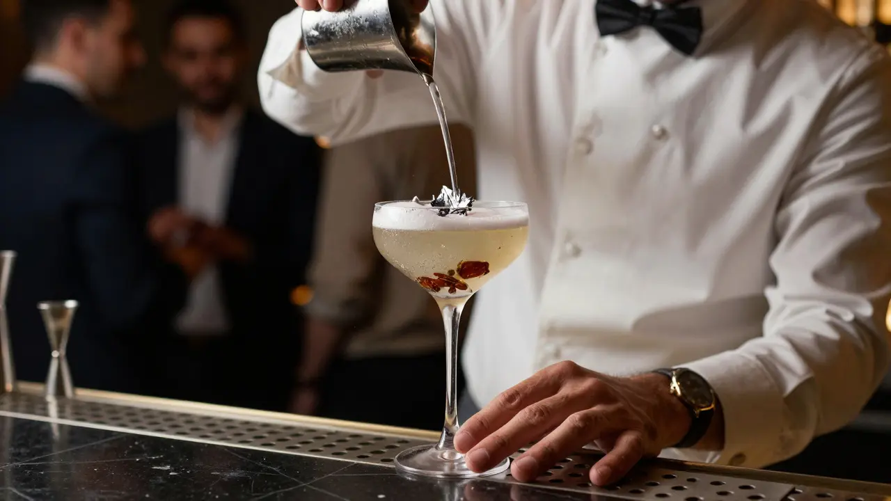 A bartender preparing a sophisticated cocktail with silver leaf and rosewater, under soft spotlight in a quiet club.