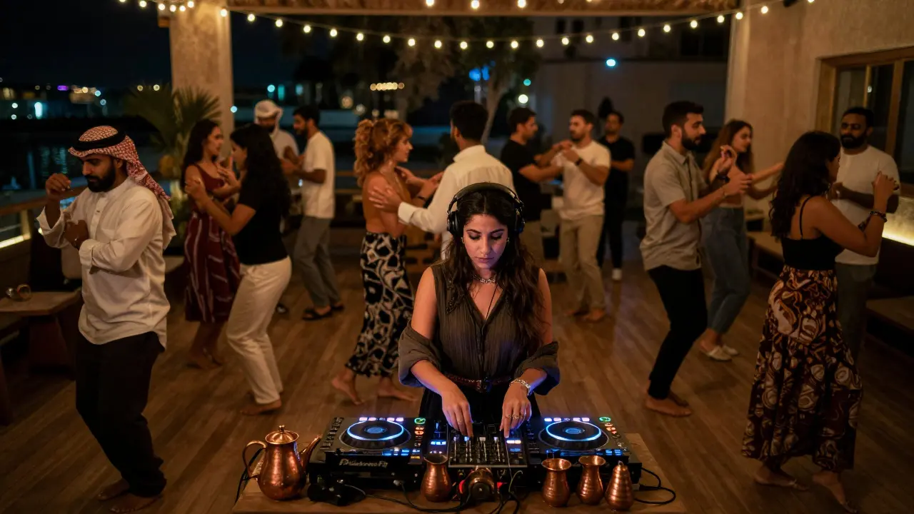 A diverse group dances in a quiet club under soft lights, a DJ mixing traditional sounds with modern beats.