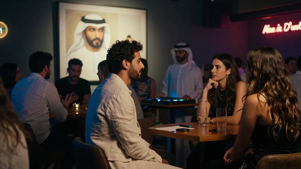 A diverse group relaxes in a sophisticated nightclub, one man in linen chatting with a DJ, ambient lighting shifting with music.