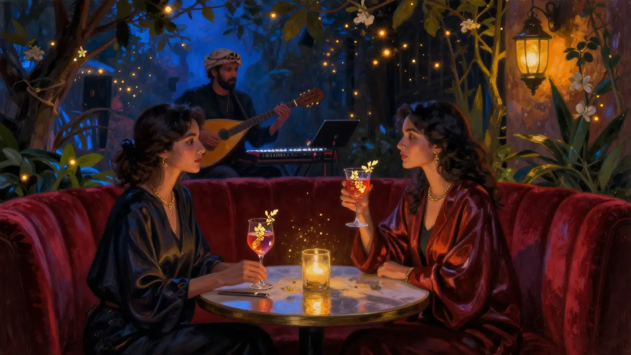 A diverse group sharing a cocktail at a velvet booth, live oud and electronic music blending under shifting colored lights.