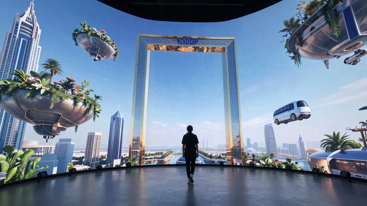 A futuristic tunnel inside the Dubai Frame showing Dubai in 2050 with glowing holograms.