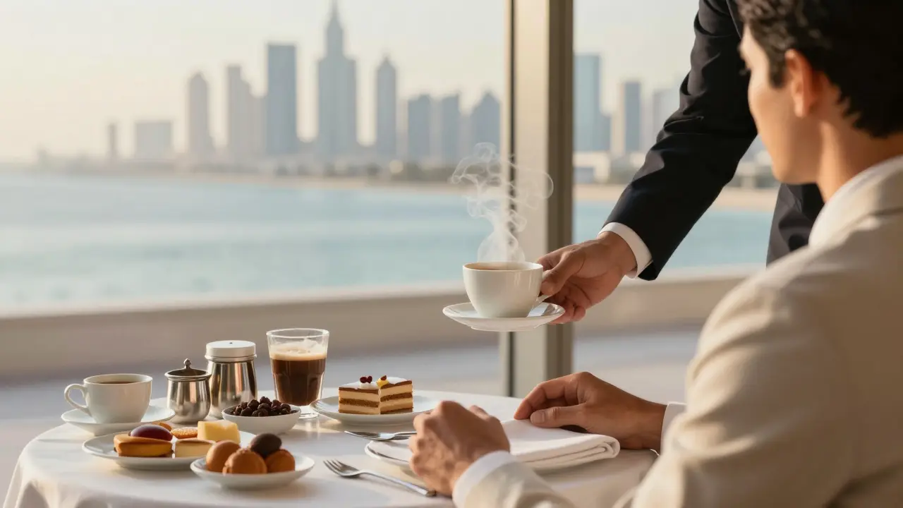 A guest enjoying artisanal coffee at a luxurious breakfast table with serene ocean and skyline views.