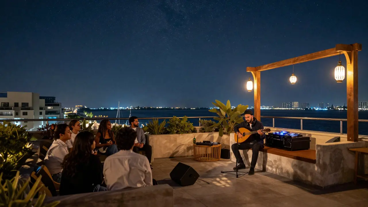 A live Oud performance on a rooftop terrace under Dubai's night sky, with lanterns and a faint city skyline in the background.