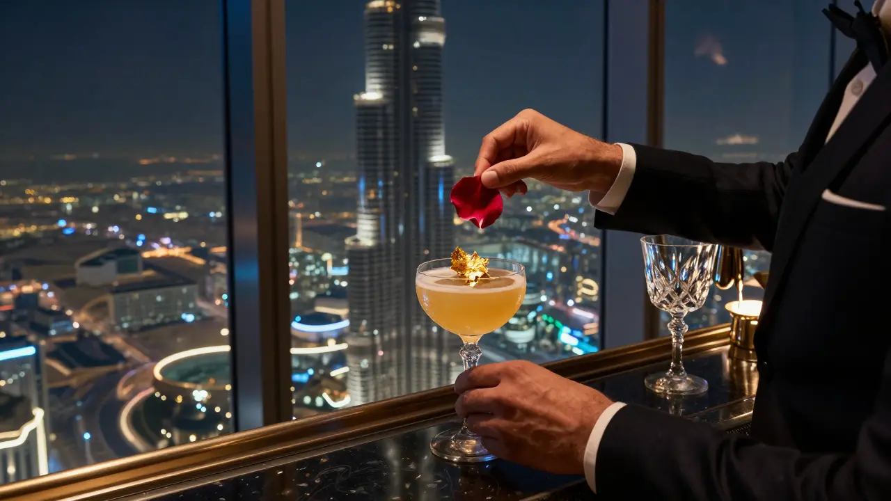 A luxurious cocktail bar on the 122nd floor of Burj Khalifa, with a guest enjoying a golden-hued drink overlooking the glittering desert skyline at night.