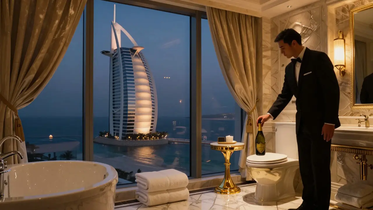 A luxurious two-story Burj Al Arab suite at night, with champagne chilling, gold-plated bathroom details, and Egyptian cotton towels laid out in serene silence.