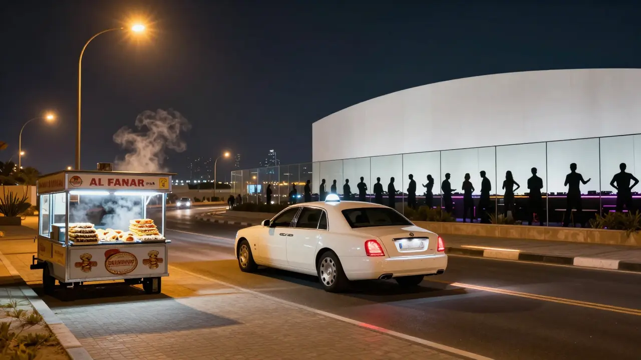 A luxury taxi departs as a food truck serves shawarma outside a glowing white nightclub at midnight.