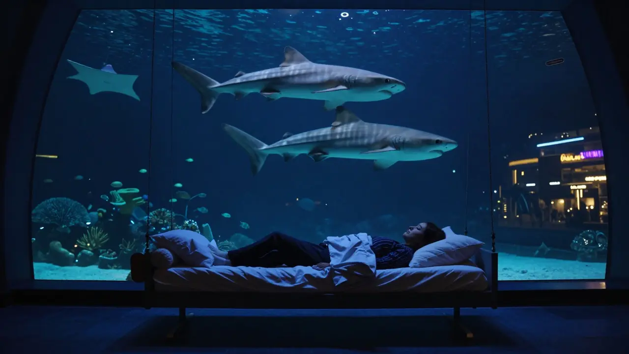 A person sleeps in a bed beneath a dark aquarium, with sharks and rays floating above in the dark water.