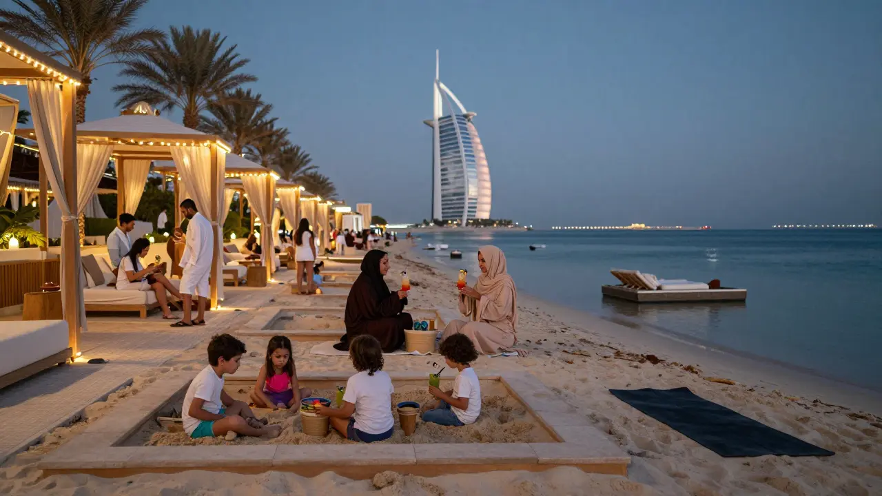 A split scene showing daytime family activities and evening adult relaxation at a Dubai beach club, blending culture and luxury under golden light.