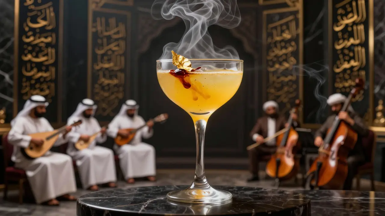 A suspended cocktail with gold leaf and oud smoke, reflecting the quiet luxury and cultural fusion of the club.