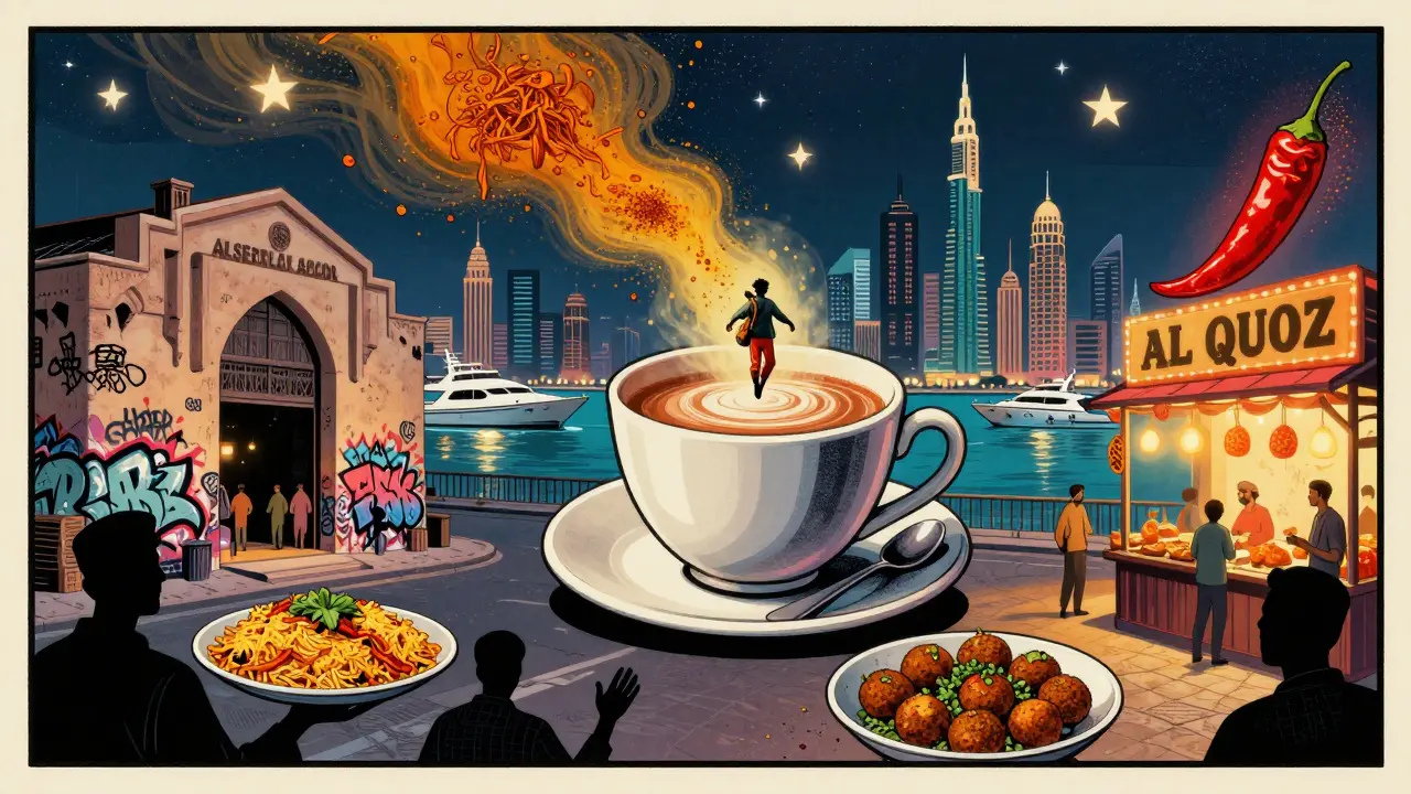 A traveler floats on a karak chai cup above Dubai’s midnight food spots, surrounded by floating flavor auras.