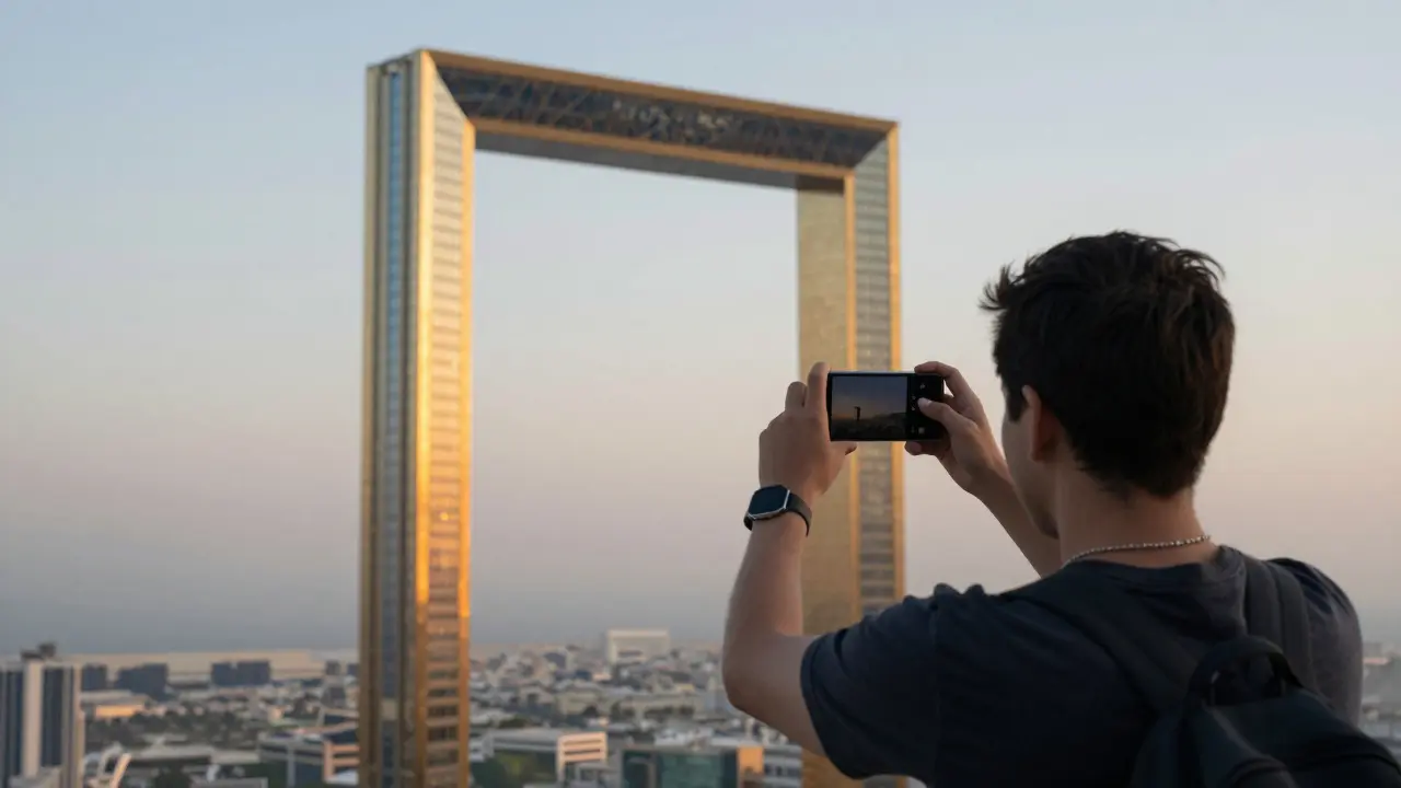 A visitor on the glass skywalk of the Dubai Frame, framed by the structure with the city below.