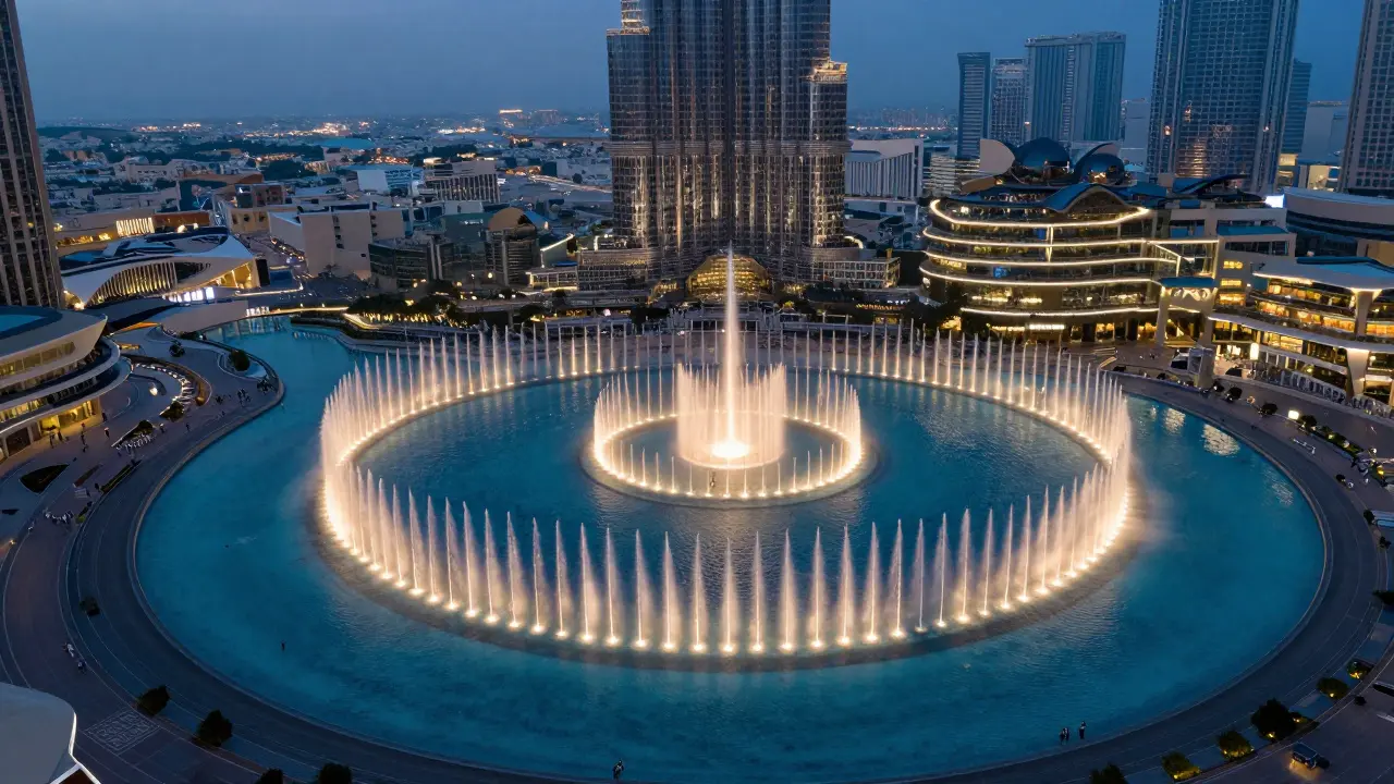 Aerial view of Dubai Fountain as a glowing mosaic on the lake, surrounded by city lights.