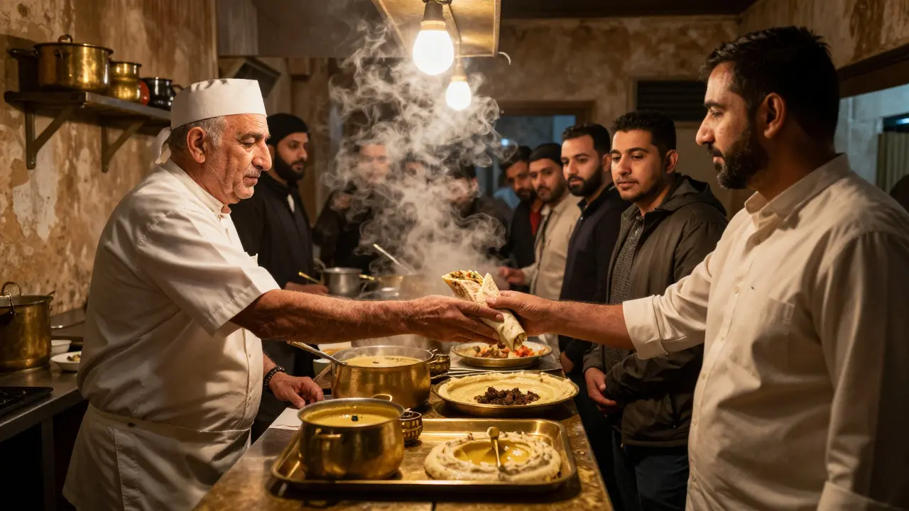 An elderly chef serving a lamb shawarma wrap at Al Saqaa Restaurant in Deira at 1 a.m.