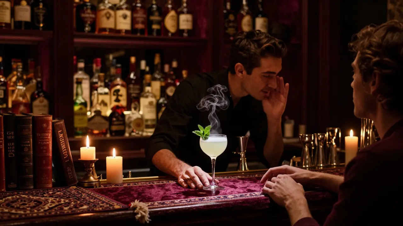 An elegant, moody library bar with velvet walls and rare spirits, where a bartender crafts a personalized cocktail under soft candlelight.