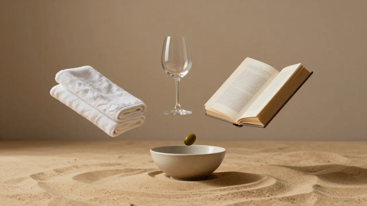 An empty suite where luxury services appear magically — towels folding, wine floating, a single olive settling into a bowl — all in soft, silent perfection.