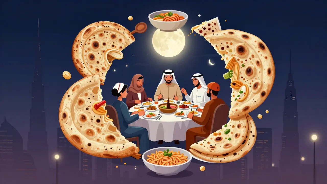 Diverse people sharing a meal with fusion cuisines under Dubai’s skyline, symbolizing cultural unity through food.