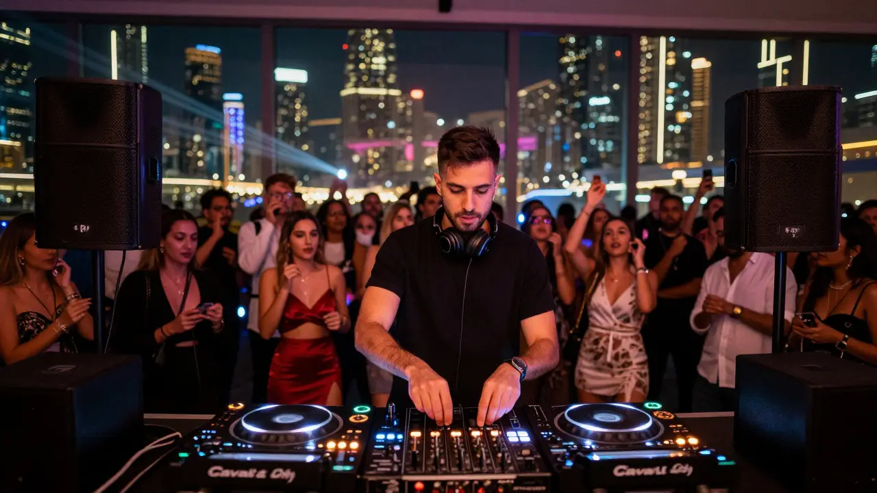 DJ performing with state-of-the-art sound system and crowd in designer attire.