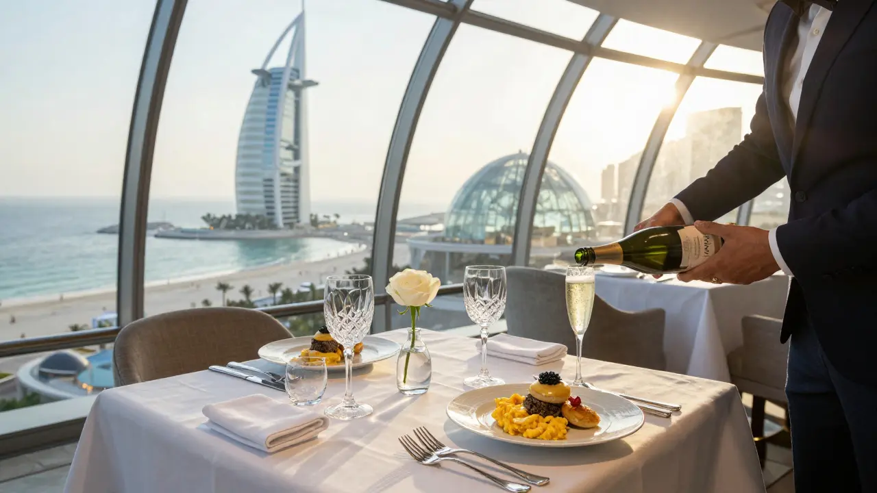Elegant breakfast table at Sirius restaurant with crystal, caviar, and panoramic Gulf views through a glass dome.