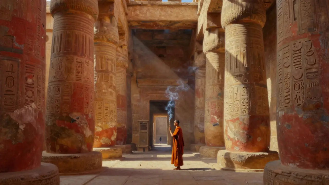 Inside Karnak Temple, towering columns illuminated by sunlight with a lone chanting figure.