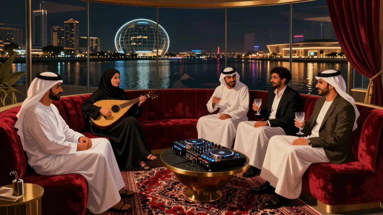 Intimate lounge with velvet seating and traditional oud music blending into modern beats, Emirati guests in elegant attire.