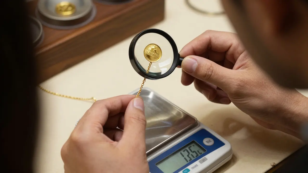 Jeweler weighing gold chain and checking hallmark with magnifying glass.