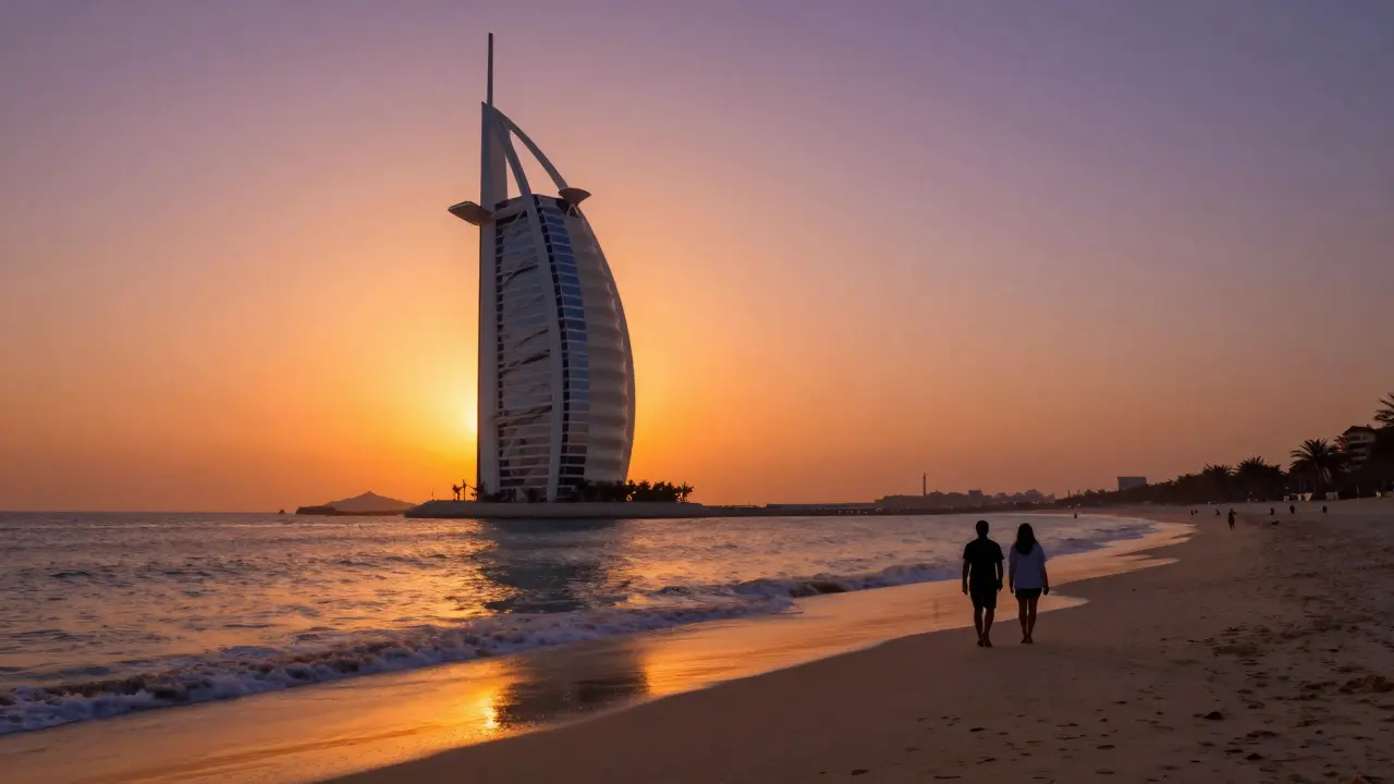 Jumeirah Beach sunset with Burj Al Arab and Atlantis skyline.