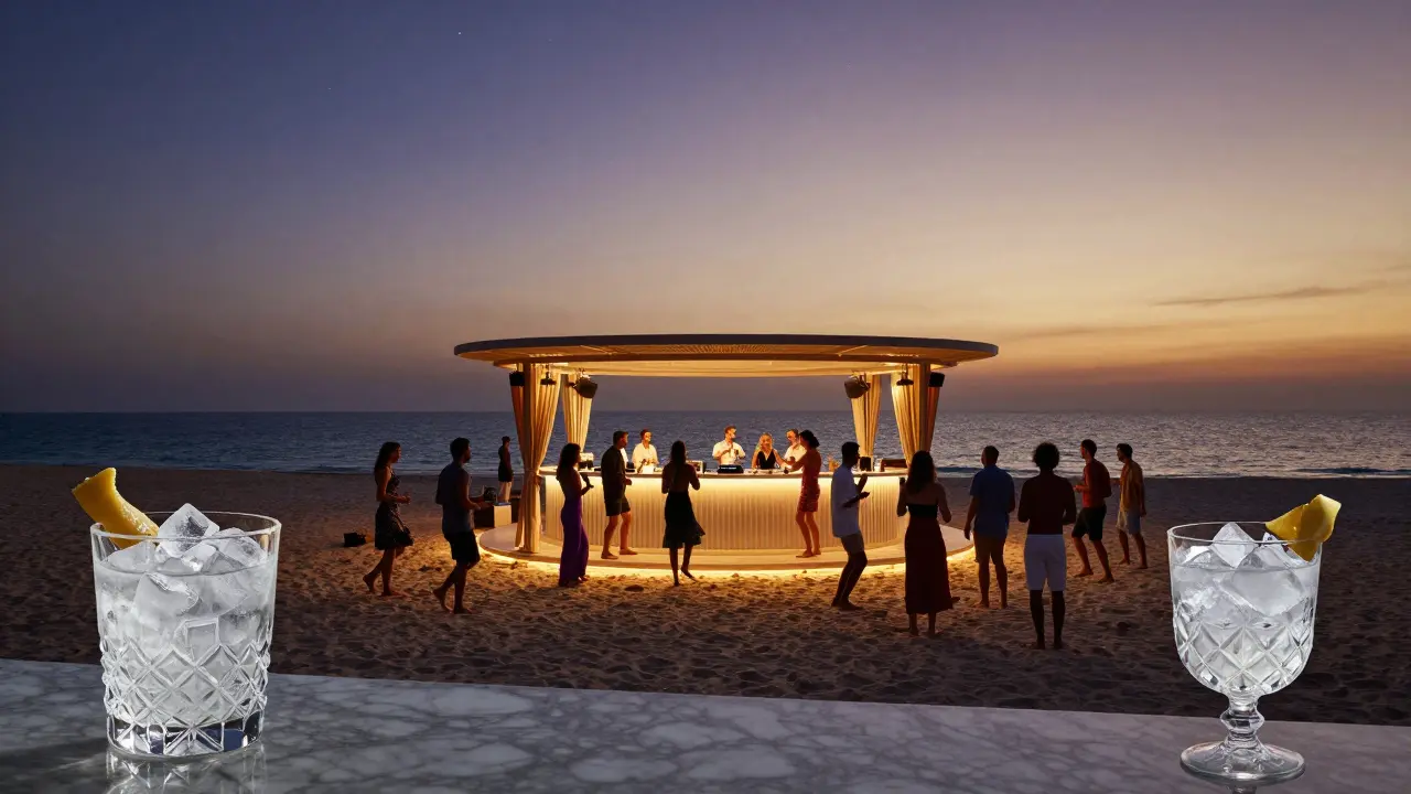 Luxury club with direct beach access, guests dancing barefoot on sand that flows into marble flooring under starlit sky.