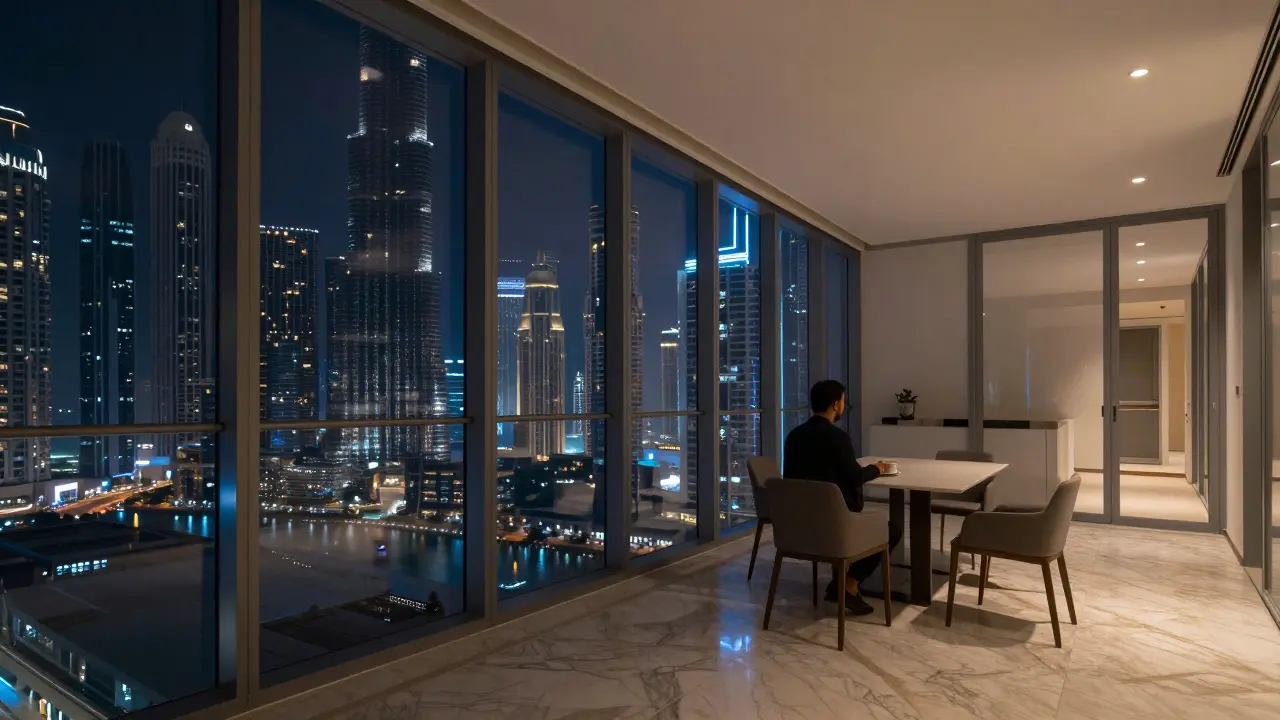 Modern apartment interior in Business Bay with floor-to-ceiling windows showing the city lights at night.