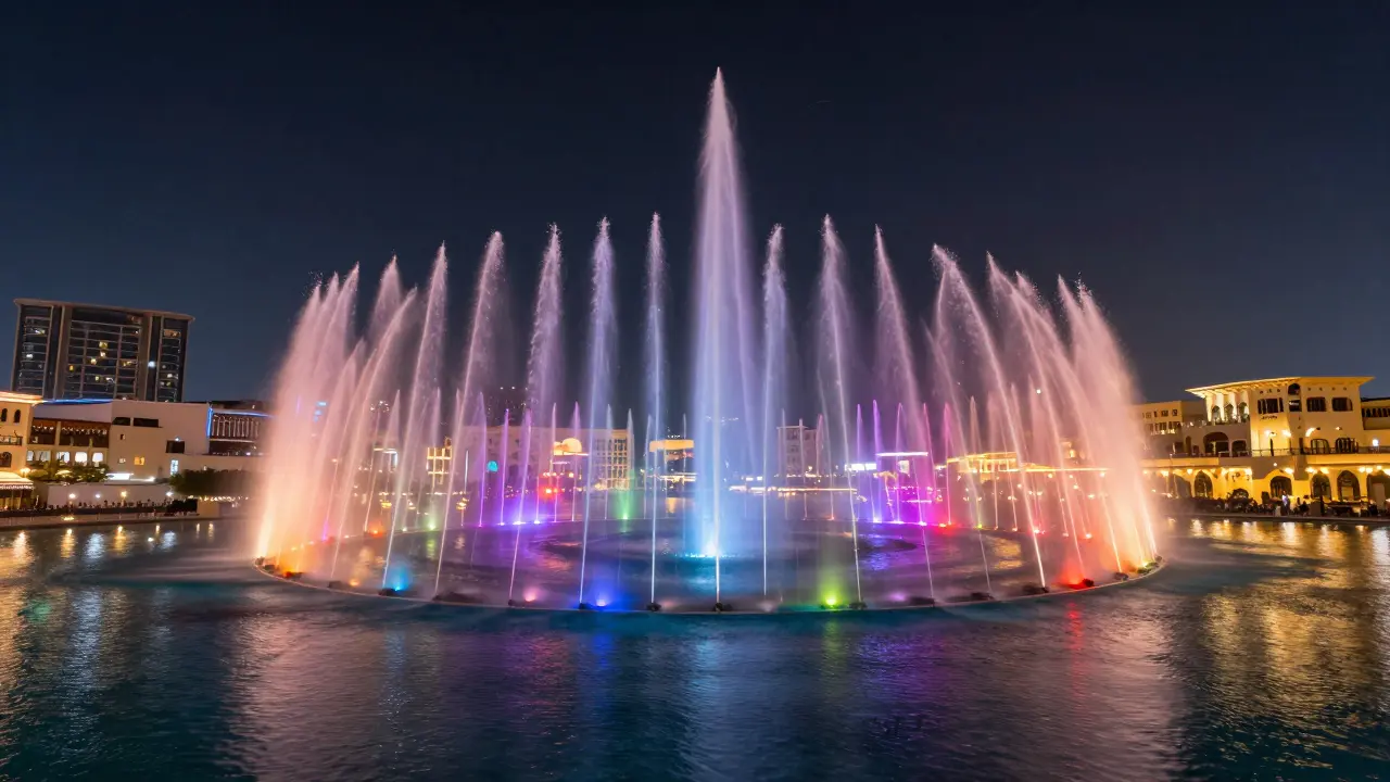 Nighttime choreographed water show with vibrant lights and mist swirling over the lake.