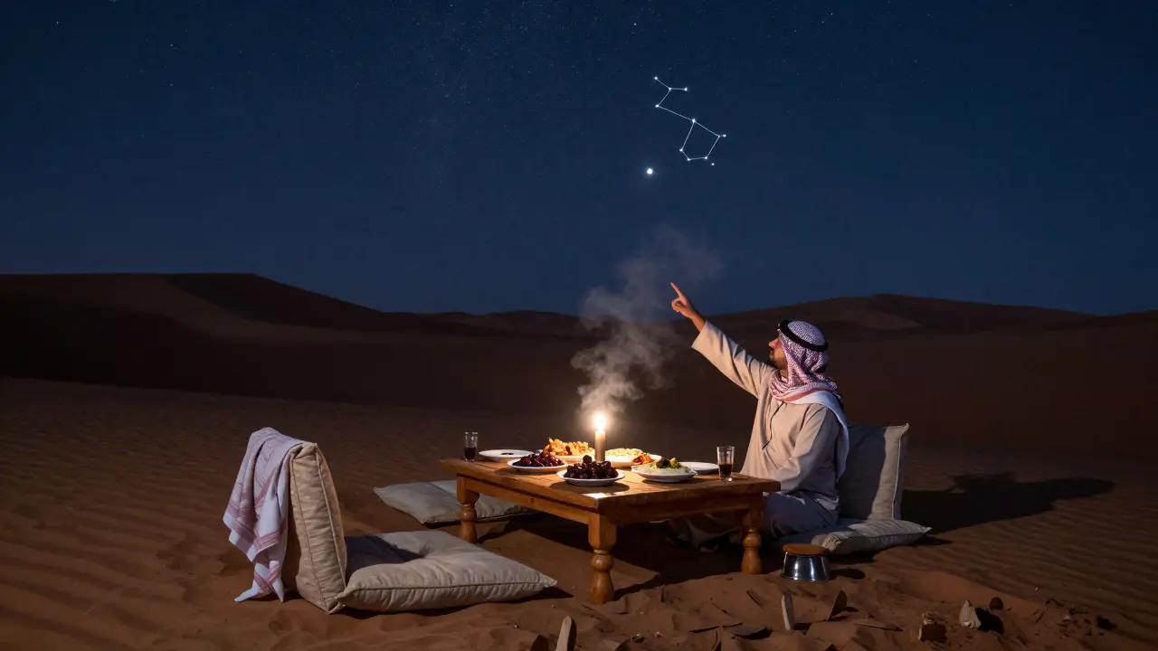 Private desert dinner under stars with traditional food, guide pointing to constellations, dunes in moonlit silence.