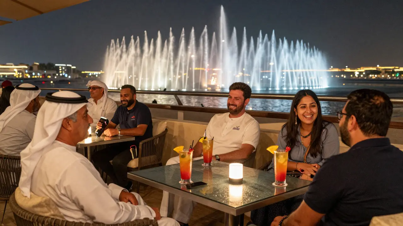 Relaxed group at Skyview Bar enjoying mocktails with Dubai Fountain in the background.